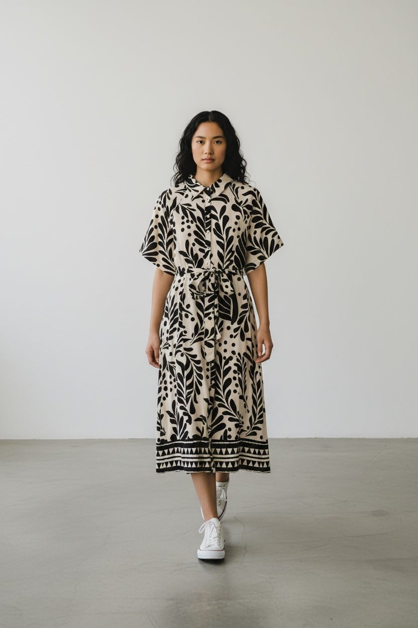 Noir Botanical Print Shirt Dress