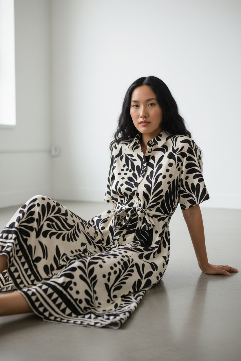 Noir Botanical Print Shirt Dress