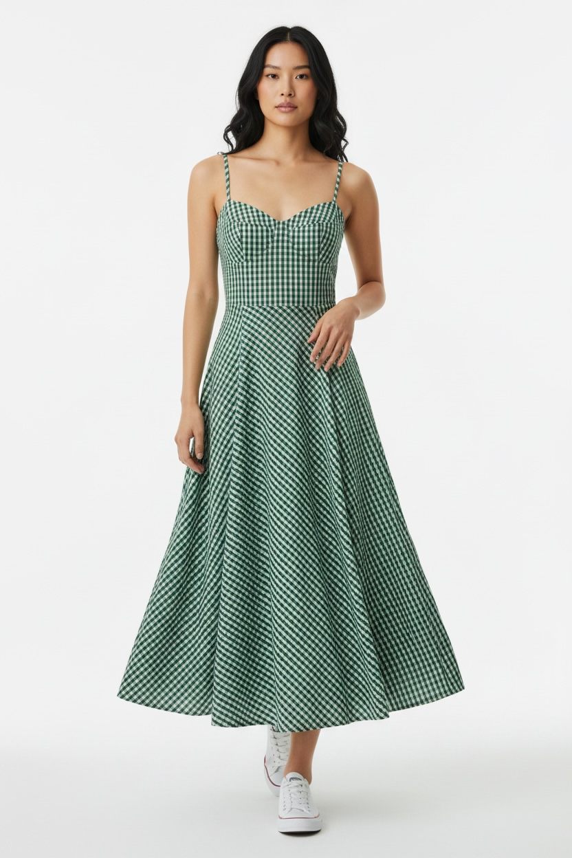 A woman modeling a green and white gingham midi dress with thin straps and a flared skirt, paired with white sneakers, against a plain light gray studio background.