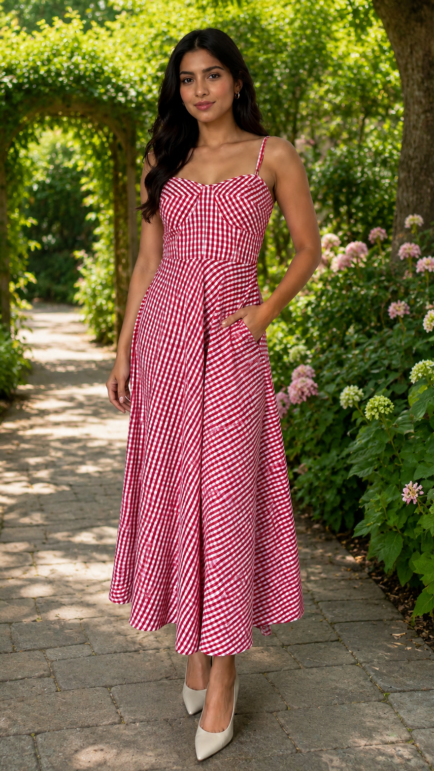 A woman wearing a red and white gingham midi dress with spaghetti straps and a sweetheart neckline, standing on a stone pathway in a lush garden.